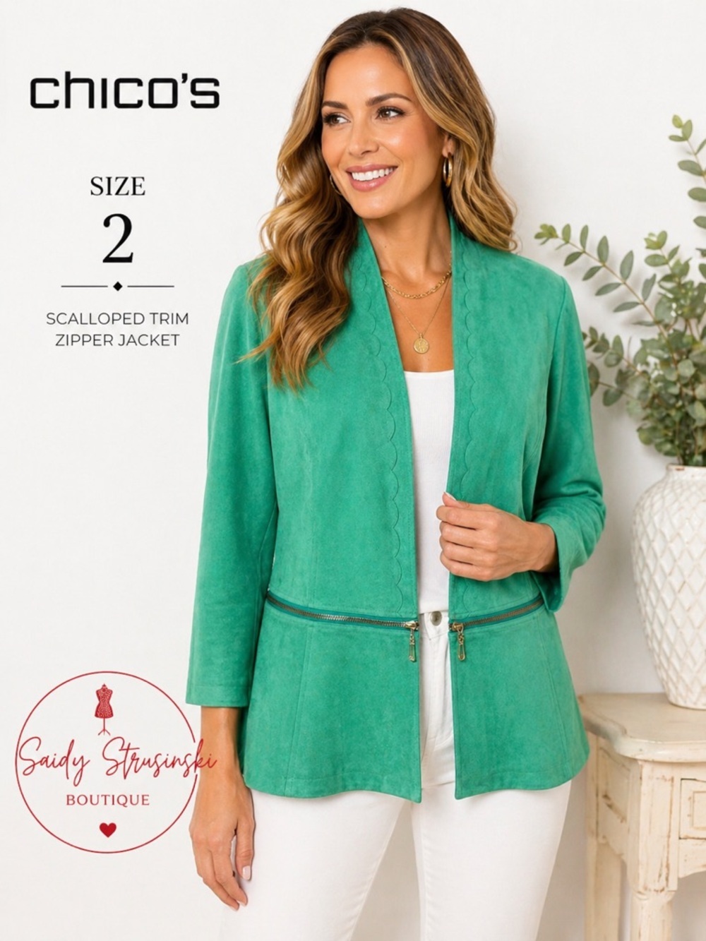 Chico's Green Suede-Look cottage academia Jacket blazer- Size 2 (fits like L)